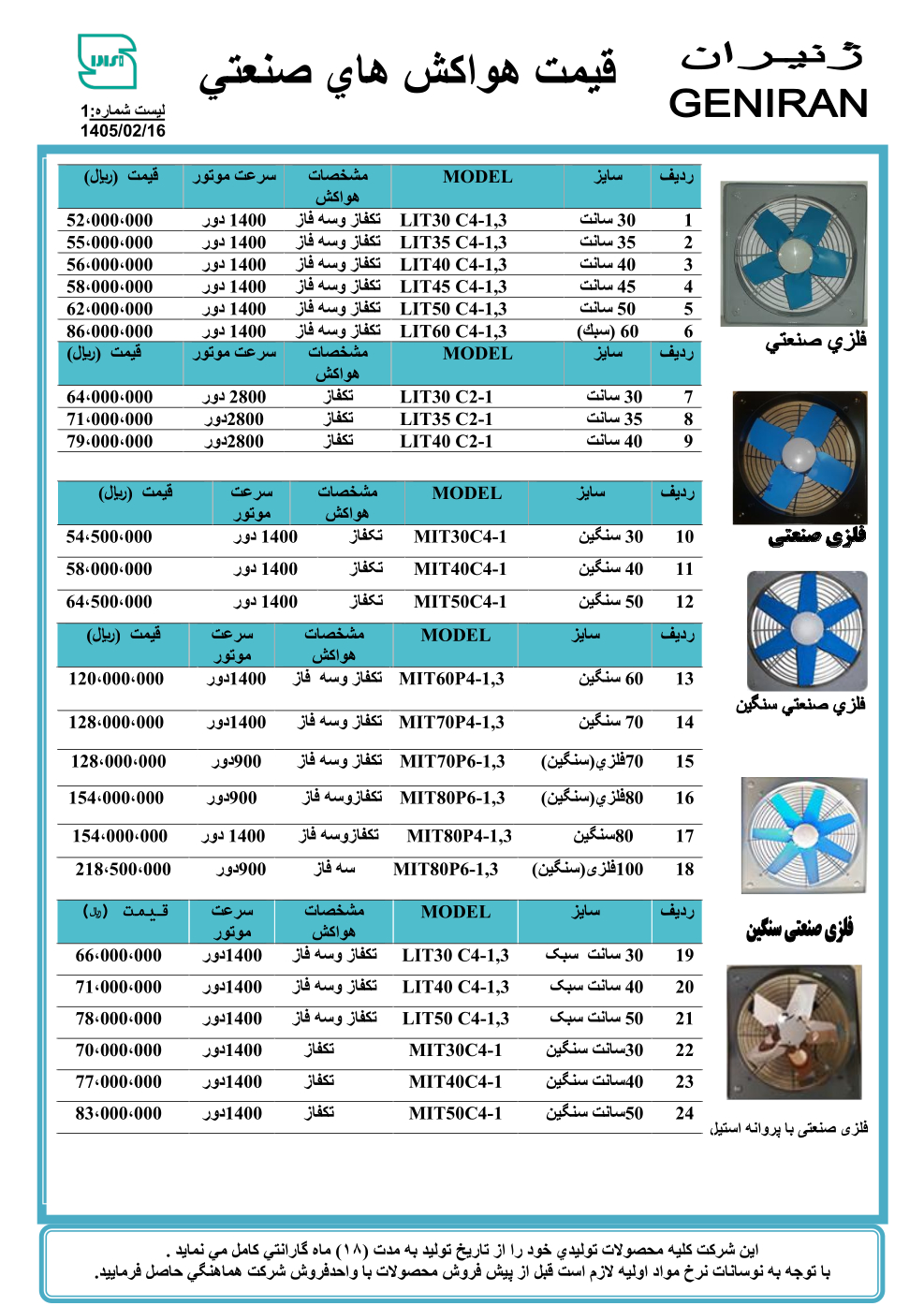 لیست قیمت هواکش صنعتی ژنیران اردیبهشت 1405